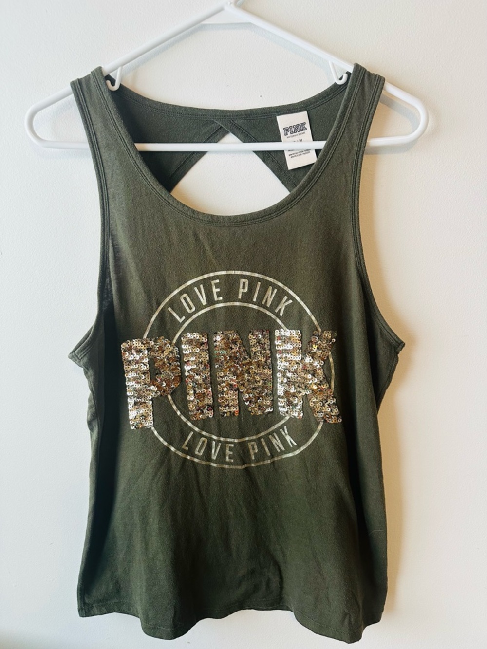 VS Pink Olive Green Sequin Bling Open Back Tank Top M